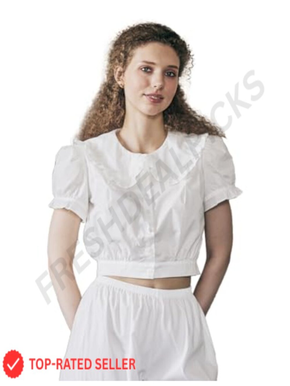 Cotton Peter Pan Collar Crop Top Puff Sleeve Button Down Blouse